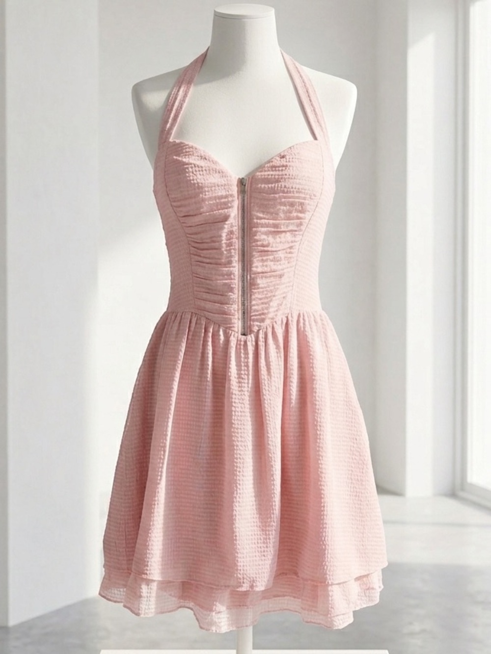 Guess| Light Pink Gingham Halter Sundress with Front Zip & Layered Mini Sz 2